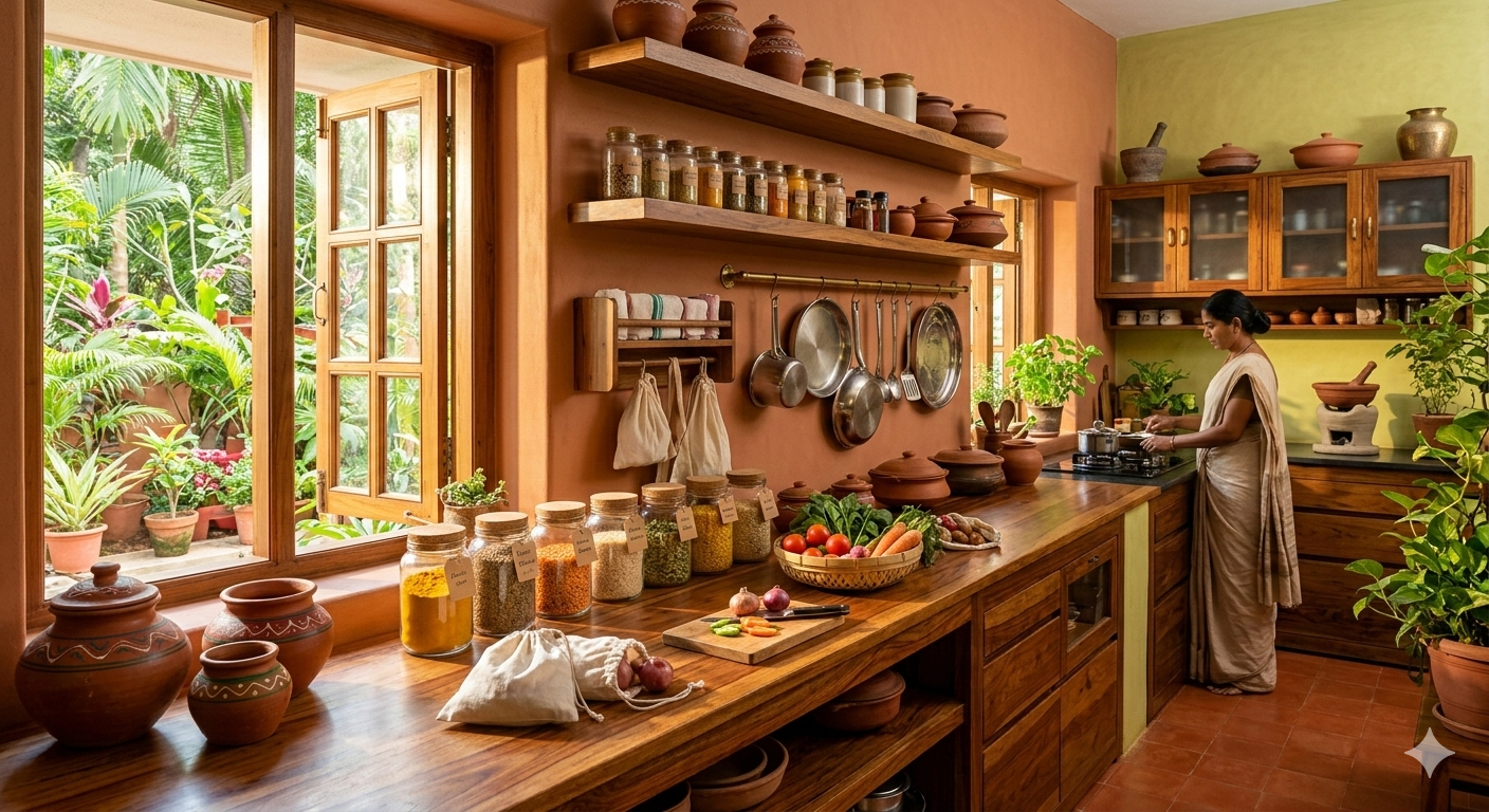 modern Indian kitchen featuring terracotta walls, wooden countertops, glass spice jars, and clay pots with a woman in a saree cooking