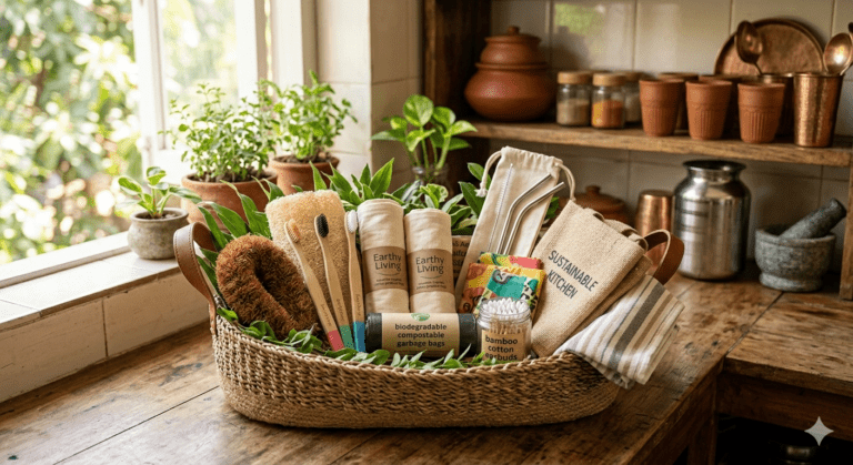A close-up, sunlit photograph of a woven seagrass gift basket on a rustic wooden countertop in a bright Indian-style kitchen, filled with various eco-friendly products like coir and loofah scrubbers, bamboo toothbrushes, rolled fabric bags, metal straws, a jar of earbuds, and a jute bag with 'SUSTAINABLE KITCHEN' written on it.